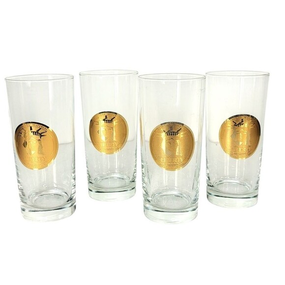 VTG 22Kt Gold Statue of Liberty Centennial Gold Seal Set of Four Libbey Glasses - Picture 2 of 12